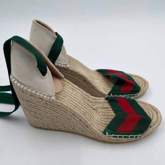 Gucci Women's Lilibeth Sylvie Web Canvas Wedge Espadrille Sandals EU 38.5 US 8 - Picture 1 of 16